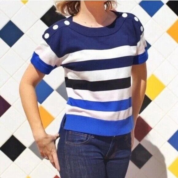 CABI Sailor Stripe Pullover Sweater Snap Shoulders Sz XS #5448 EUC - Picture 1 of 4